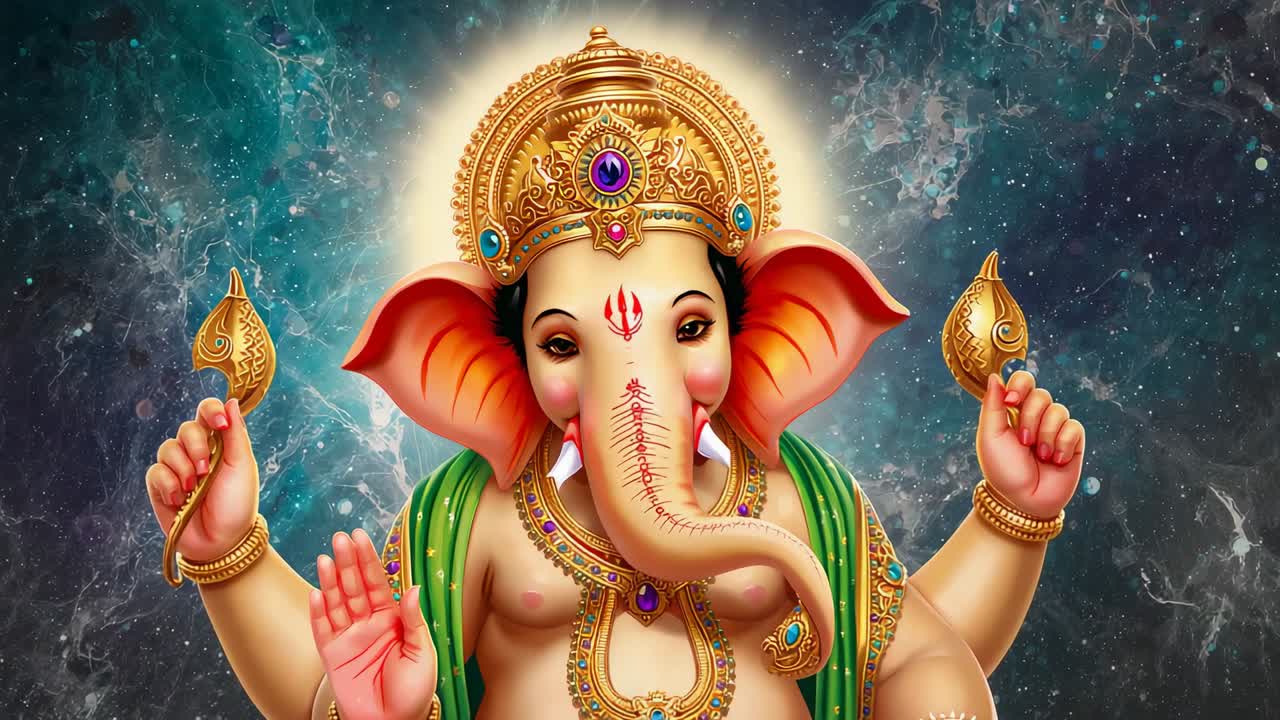 Pulsing halo lighting Ganesha statue cosmos ornate crown glinting sacred leaves gesturing blessing