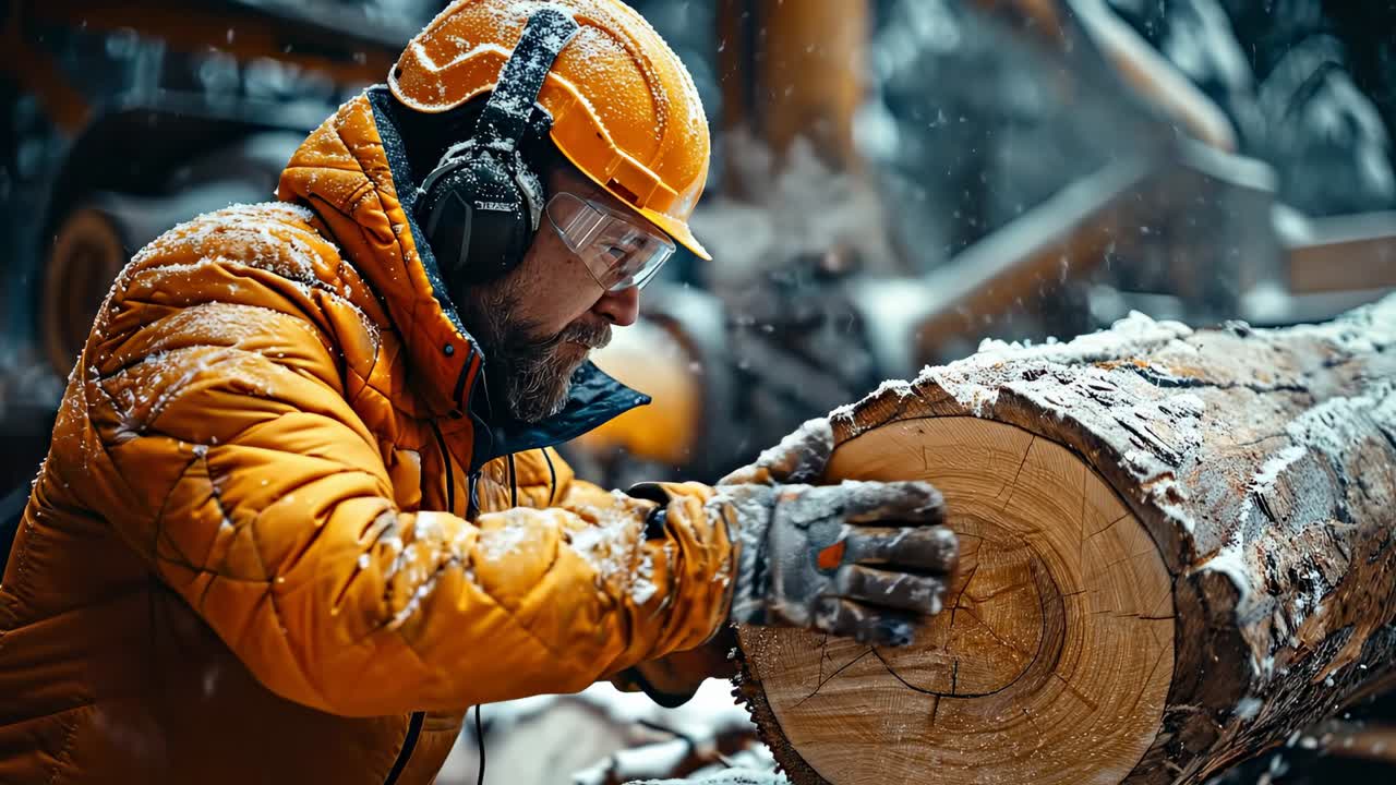 En arbeider kutter ved i snødekte omgivelser. En mann i en vinterjakke arbeider med en tømmerstokk med en sag i et snøfylt landskap. Snø faller rundt ham mens han konsentrerer seg om oppgaven.