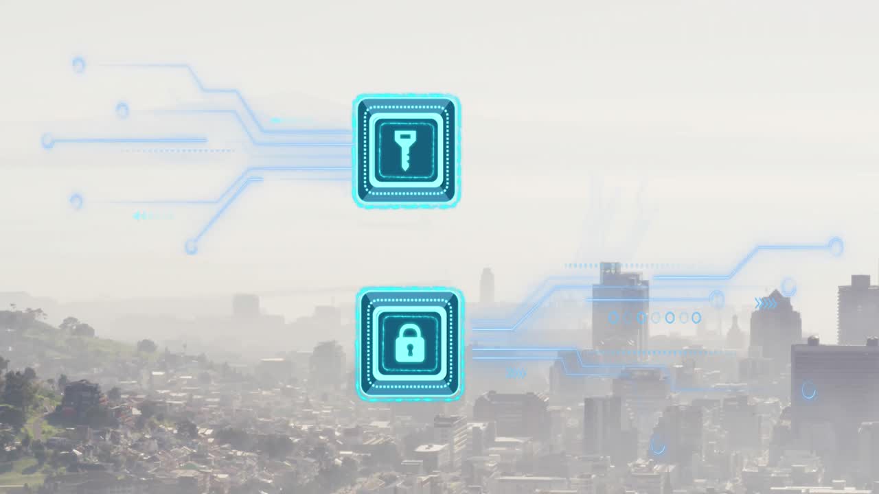 animación del candado de seguridad y el icono de la llave con conexiones de microprocesador contra el paisaje urbano