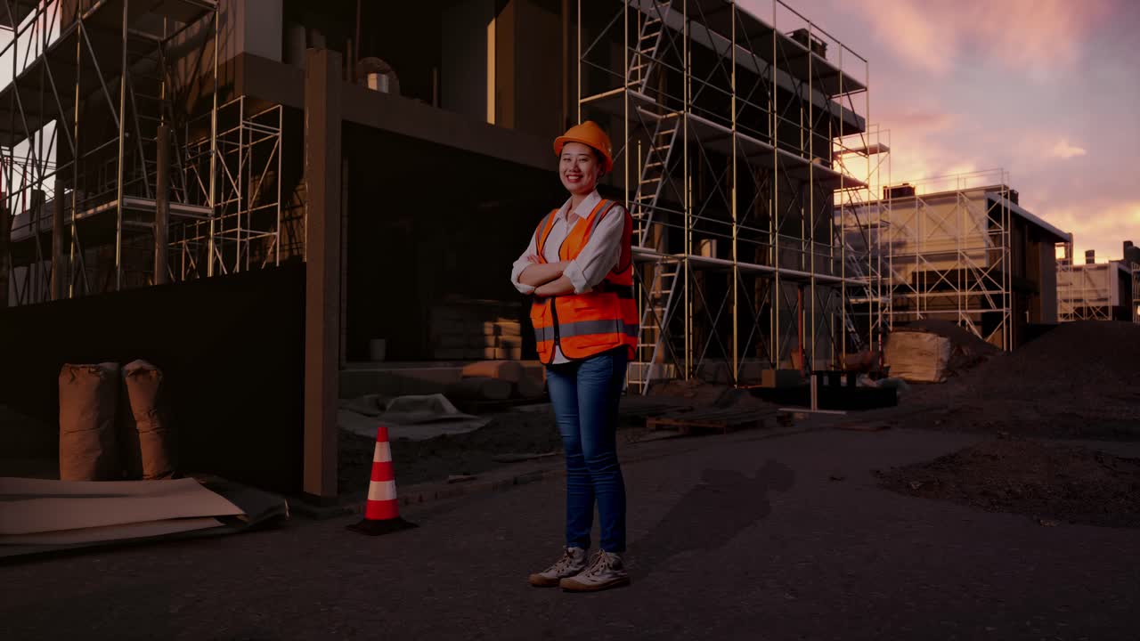 Full Body Side View Of Asian Female Engineer With Safety Helmet Crossing Her Arms And Looking Around While Standing At Construction Site in Progress to New House