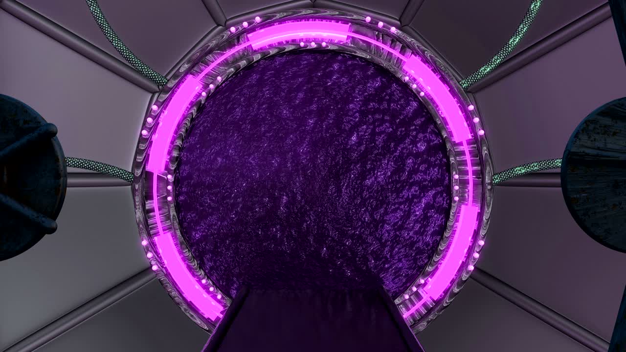 la escotilla oxidada de hierro abre una vista panorámica a la escena del paisaje de la nave espacial. fondo abstracto 3d de corredor de ciencia ficción con portal. tecnología futurista abstracto vj para títulos tecnológicos y fondo.