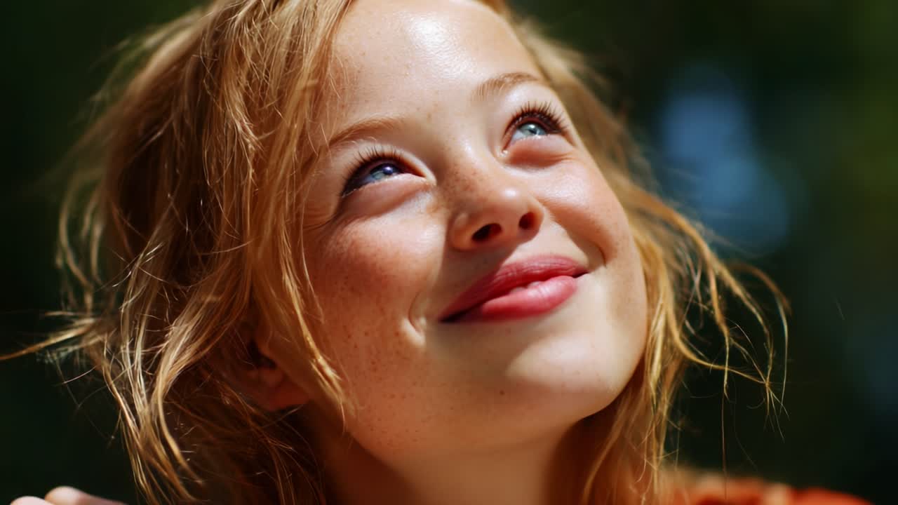 A Joyful Young Girl with Freckles Smiling Brightly Under Natural Light, Capturing a Moment of Happiness and Serenity, Radiating Positivity in a Beautiful Outdoor Setting