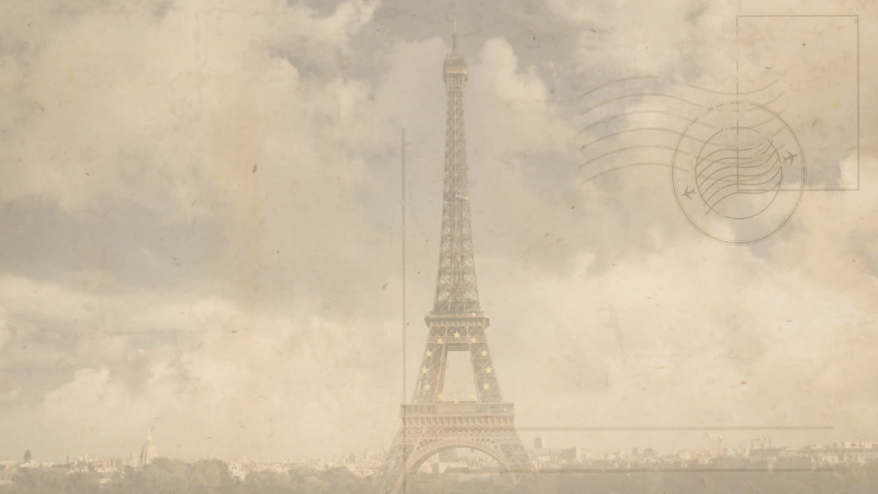 Animation of paris eiffel tower over stamped envelope