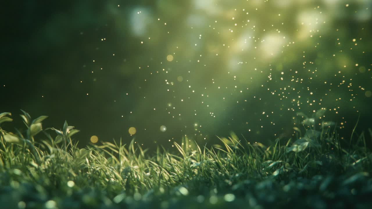 A serene close-up video of grass with glowing particles floating in sunlight, captured from a low