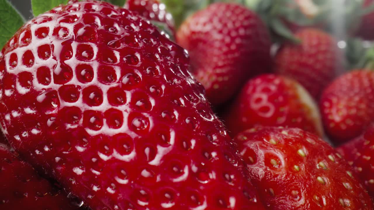 Macro video of water drop falling off the strawberry