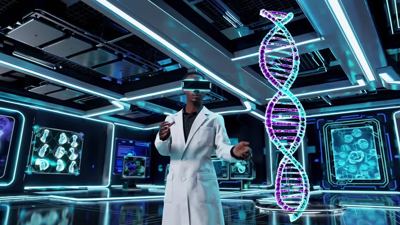 Scientist in VR Headset Examining DNA Structure in Futuristic Lab