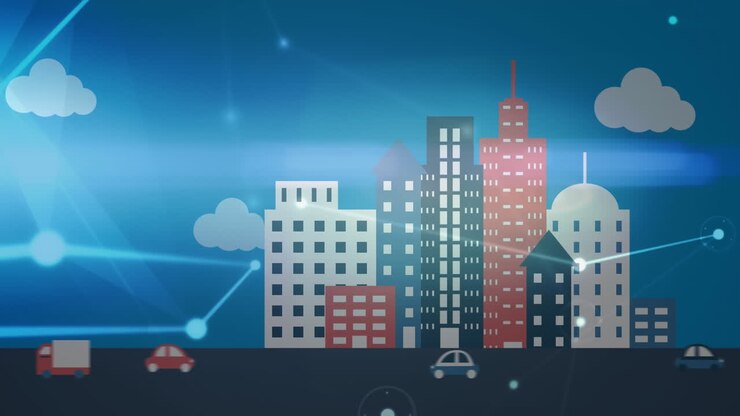 Animazione digitale di una rete di connessioni sullo sfondo di veicoli in movimento su strada e grattacieli