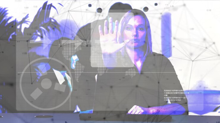 Animation of scope scanning, numbers with data processing over businesswoman