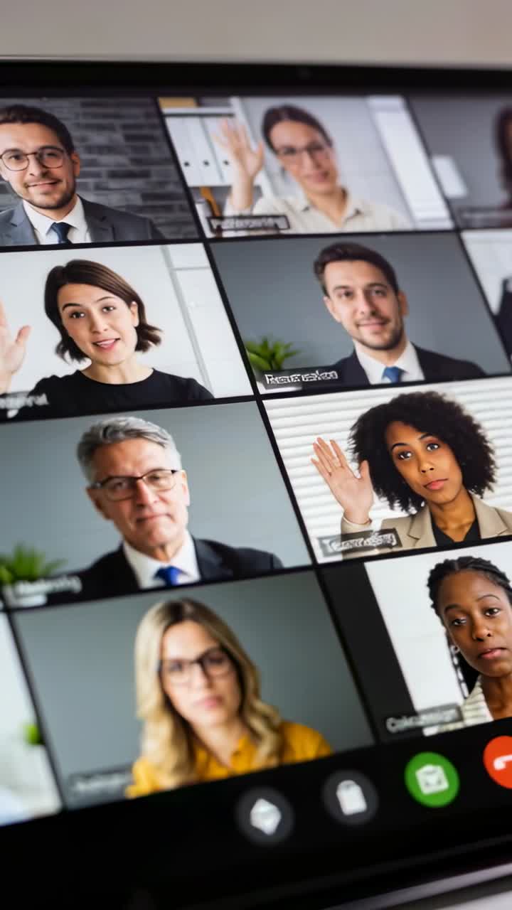 Vertical video: Showing phone opening 9-person call at home, people in suits raising hands to speak
