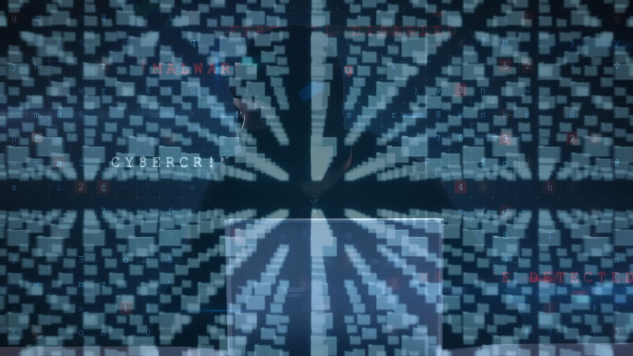 Animation of multiple computer screens, online security padlock over hacker using computer