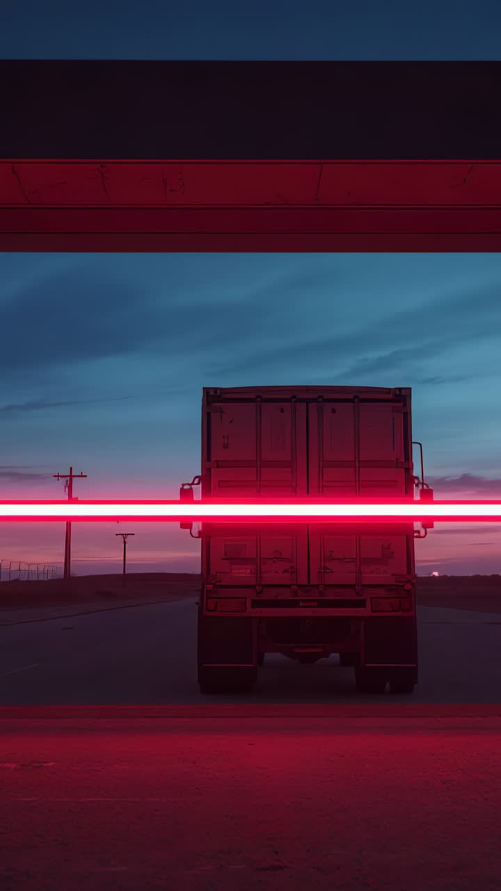 Vertical video: Emitting gantry bathing rear of box truck on rural road, red band casting road glow