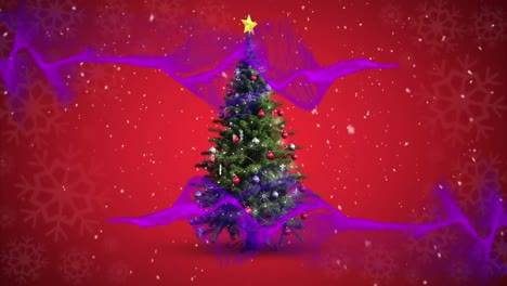 animación de malla púrpura sobre el árbol de navidad y la nieve cayendo sobre un fondo rojo.
