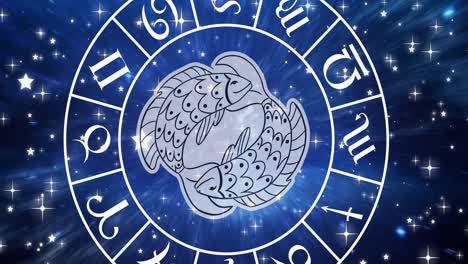 Animation-of-pisces-star-sign-symbol-in-spinning-horoscope-wheel-over-glowing-stars