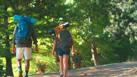 rear view of couple with backpacks waving as they set off on vacation hiking through countryside