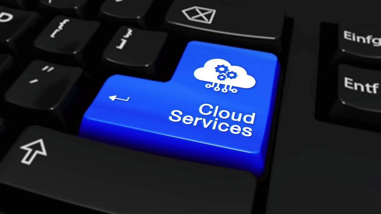 104 cloud services round motion on blue enter button on modern computer keyboard with text and icon