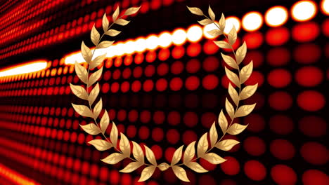 animation of gold laurel wreath over rows or red and white lights on black background