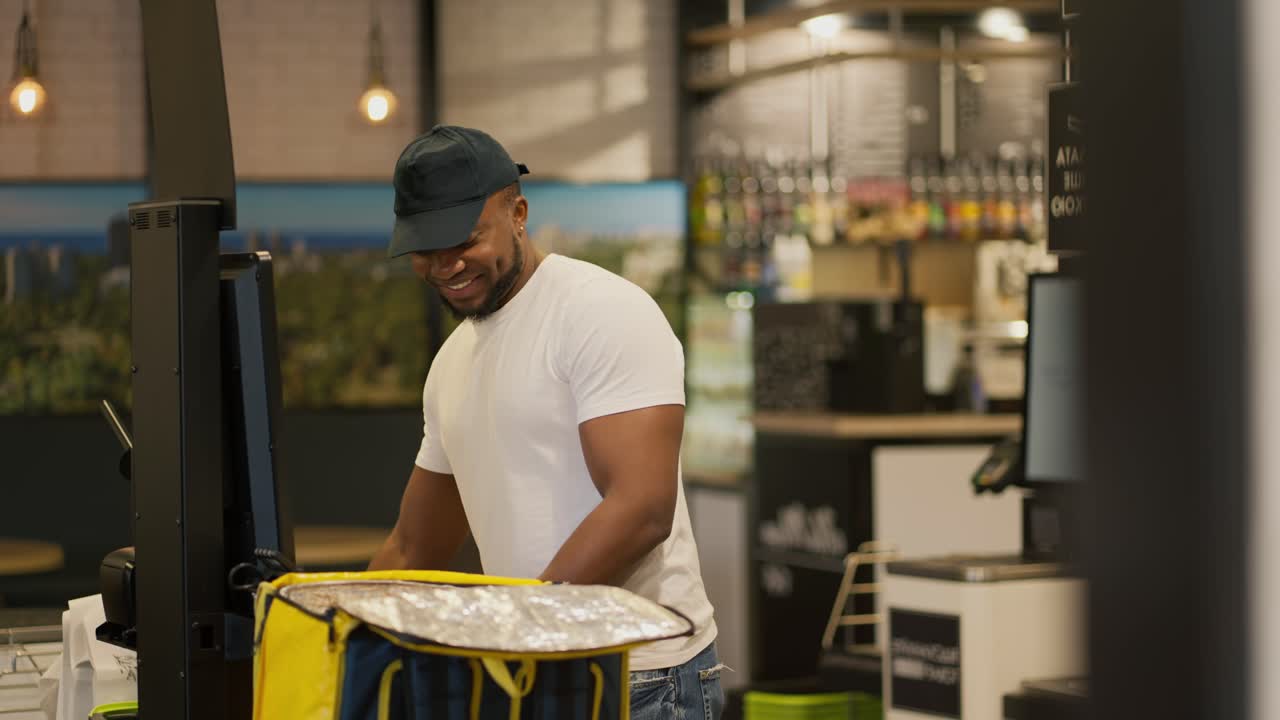 A delivery man with Black skin in a white T-shirt happy and joyful puts all the necessary purchased products into a yellow bag while standing at the checkout. Happy male delivery man buys the necessary goods and puts them in his bag to deliver to the client