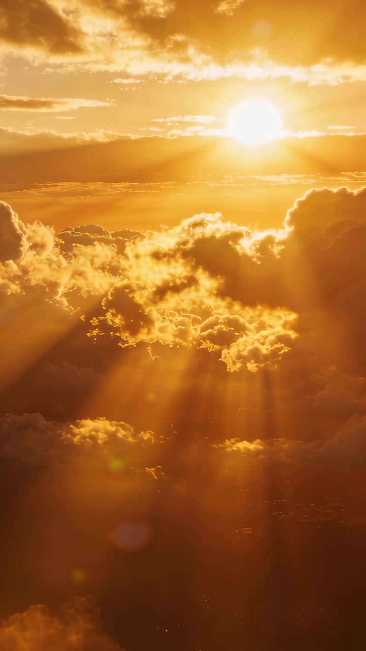 Vertical video: Sun nearing horizon casting rimlit cloud tops and rays in aerial view, lens flare