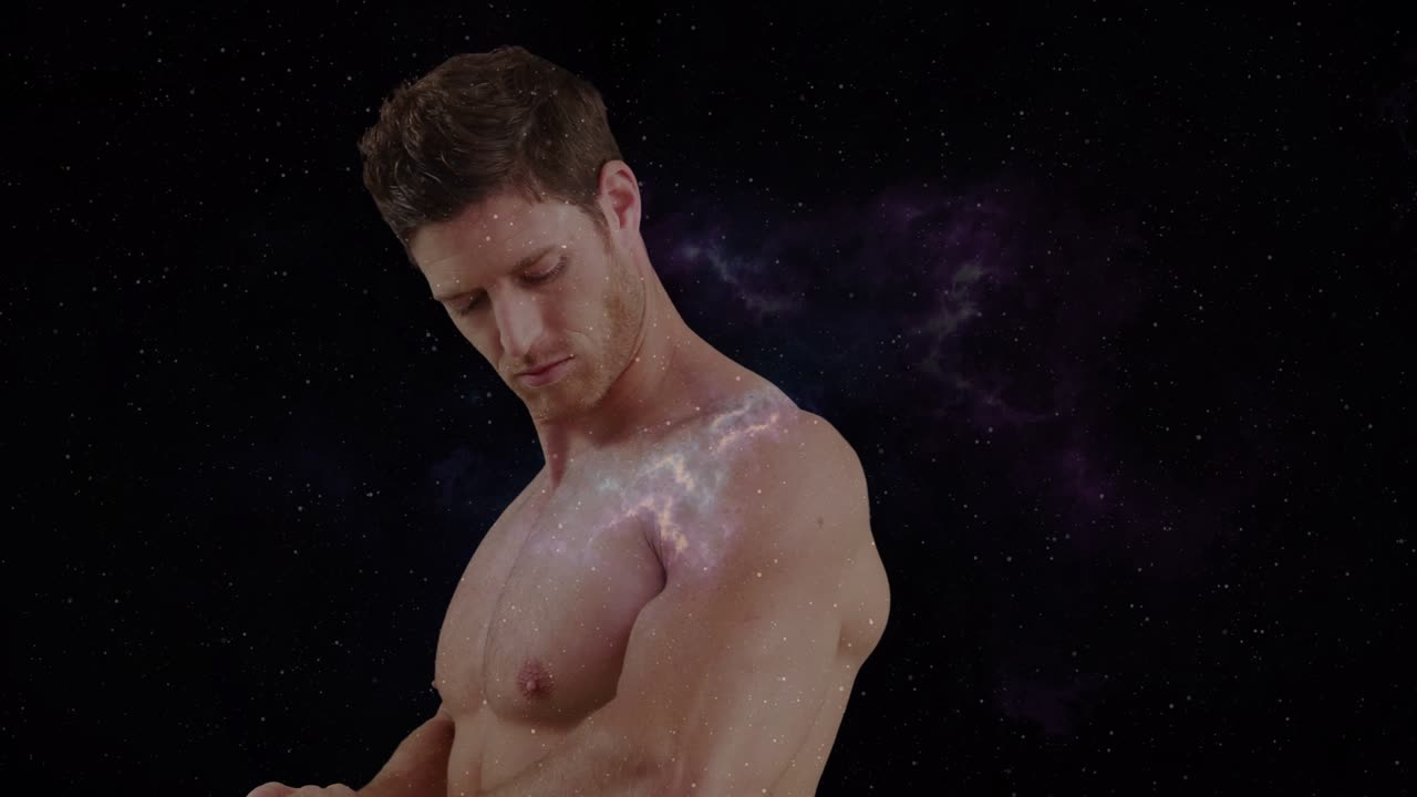 Man rotating torso on nebula appearing, nebula shifting across ribs or arm, lens flare enhancing VFX