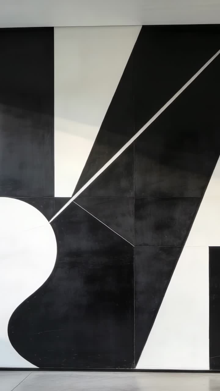 Video vertikal: Kamera bergerak melintasi mural monokrom di galeri untuk memperlihatkan bentuk baji dan garis tipis