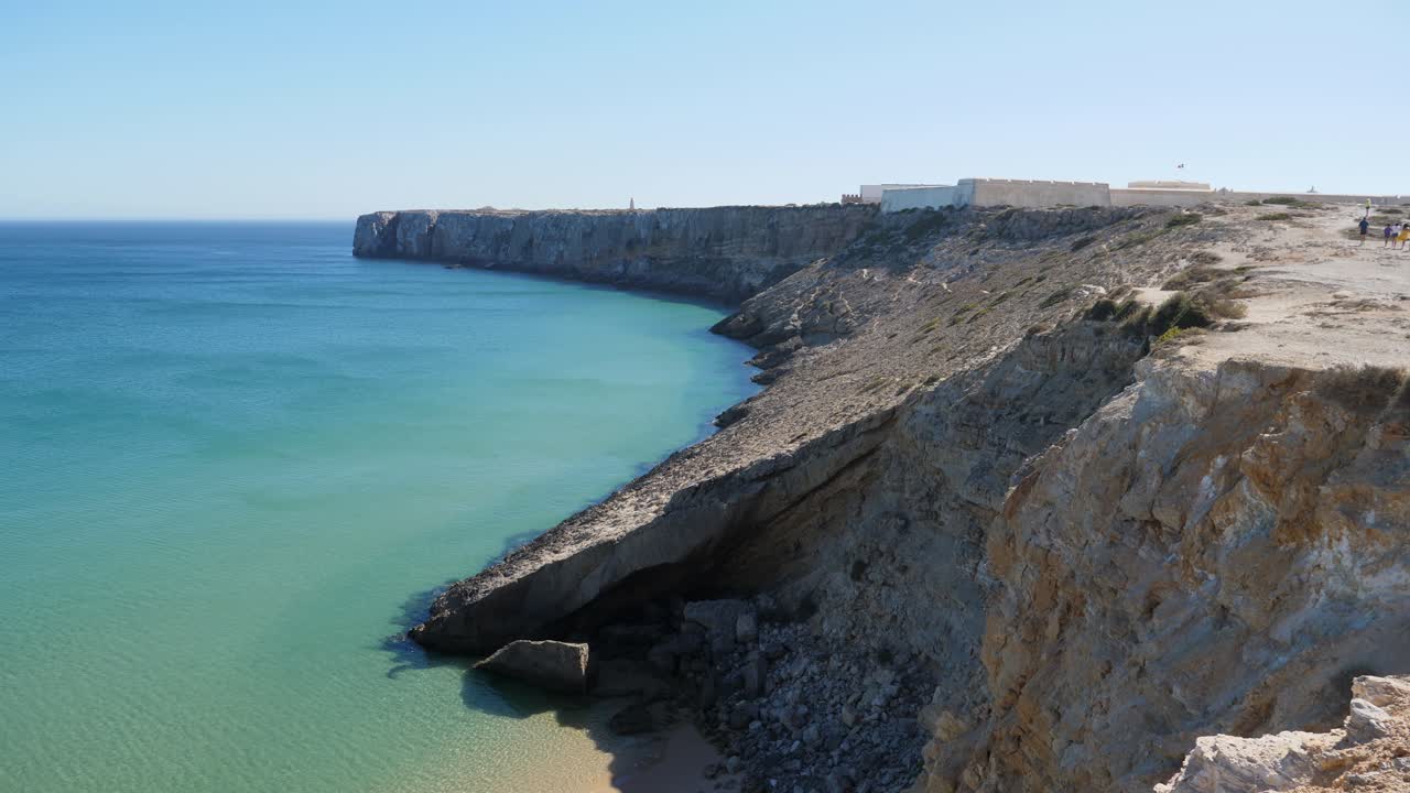 establecimiento de tiro, vista panorámica de la playa cristalina y acantilado rocoso en algarve, portugal, gente caminando en el acantilado en un día soleado en el fondo
