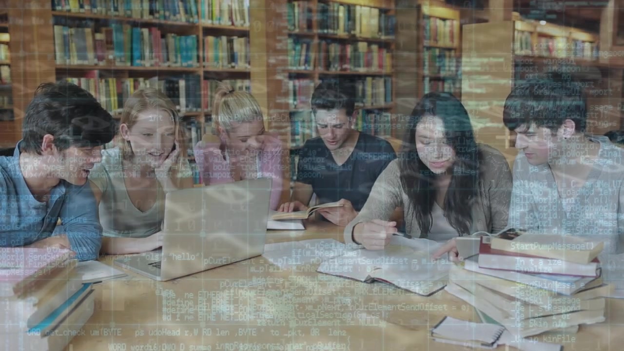 Group of Students Studying Together in a Library with Digital Data Overlay