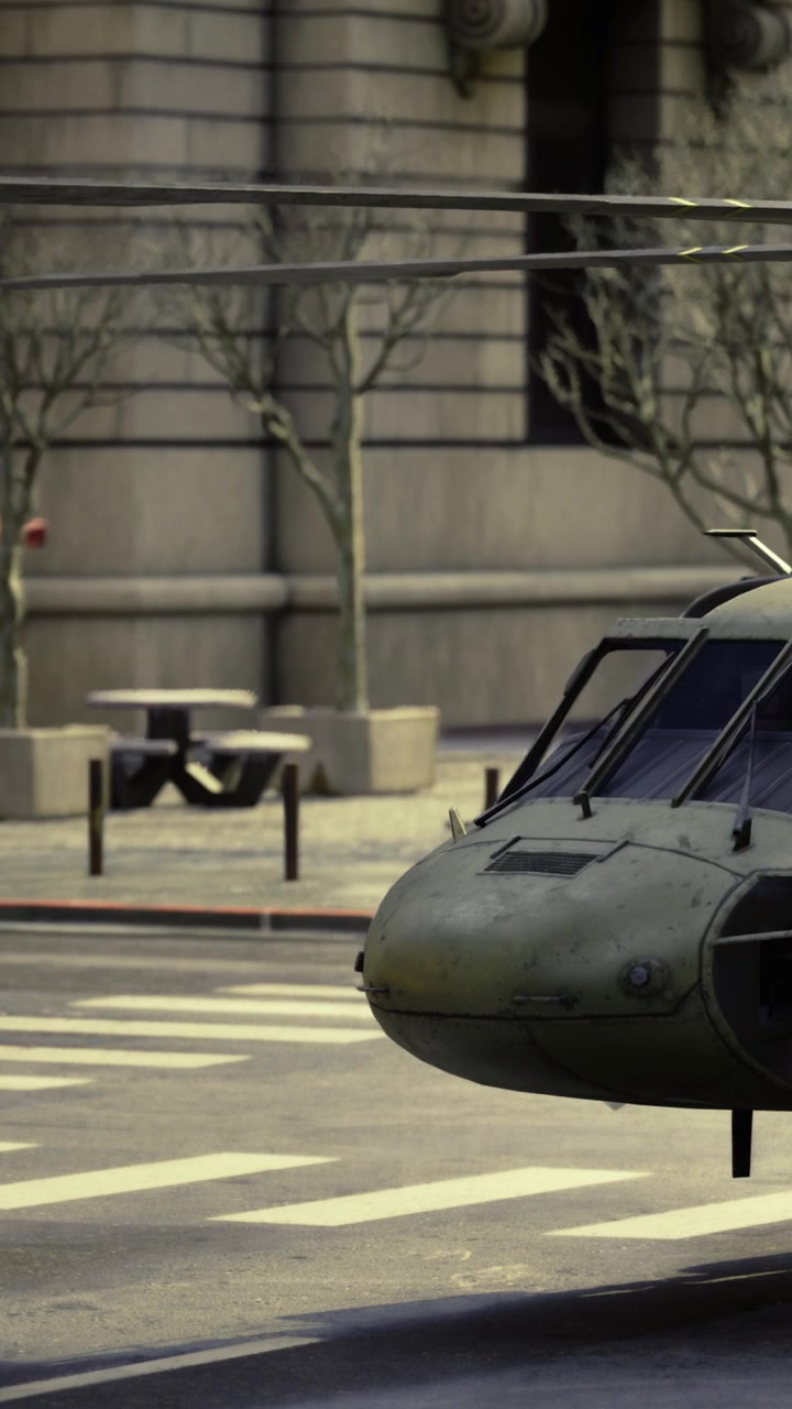 Helicopter on street near park benches and trash cans in urban area