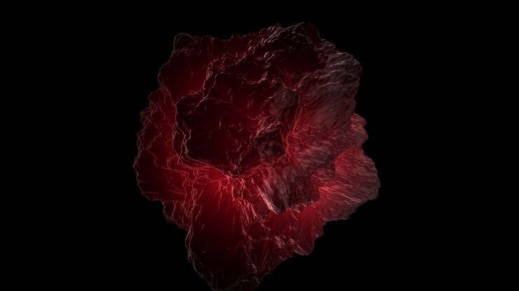A 3D model of a mysterious rock formation is illuminated by a vibrant red light, adding an enigmatic and mesmerizing quality to the scene