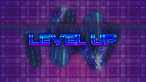 animation of level up text in blue and cluster of metallic shapes on purple square pattern