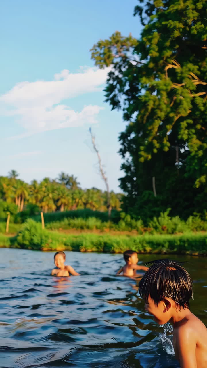 Boys playing and swimming in a river