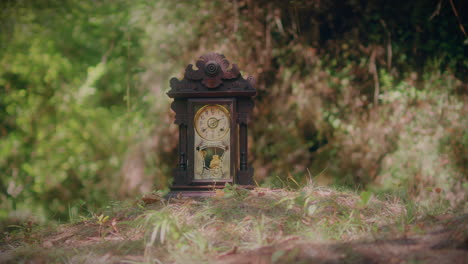 antique wooden pendulum clock in a forest long shot slow motion