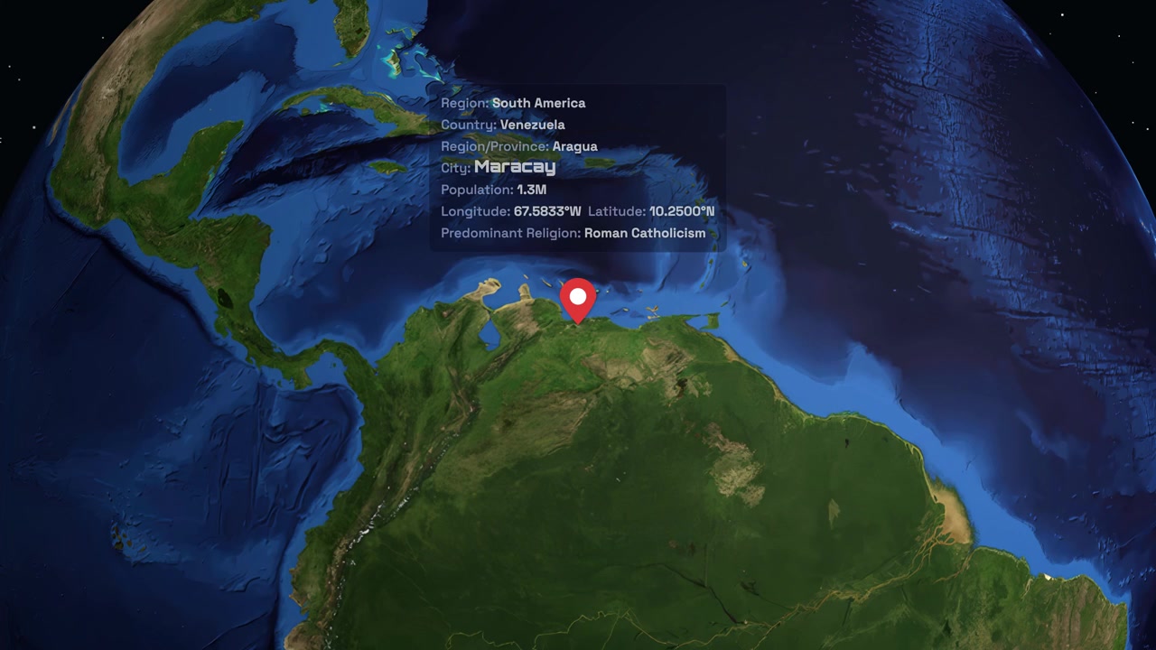 Digital globe rotates and zooms into Maracay Venezuela with a red pin and information panel