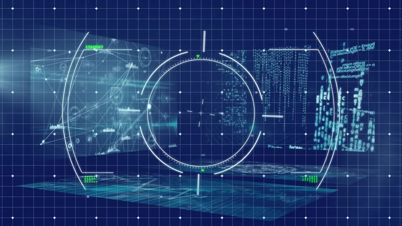 Animation of viewfinder over navy digital space with data processing