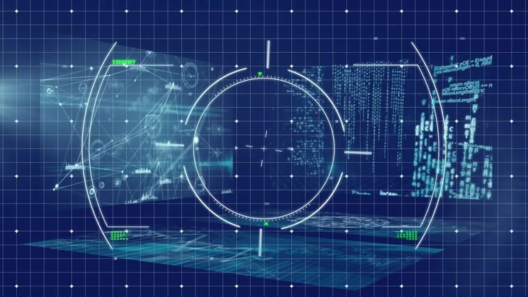 Animation of viewfinder over navy digital space with data processing