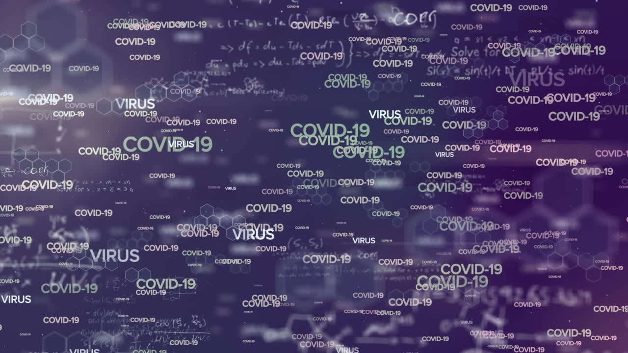 Animation of information COVID-19 written in white letters over formulas in a purple background