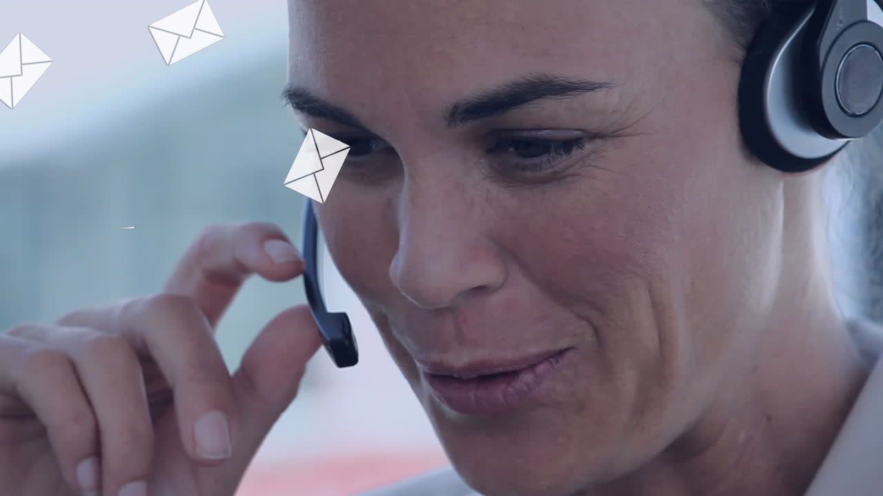 animación de iconos sobre una mujer de negocios con auriculares de teléfono