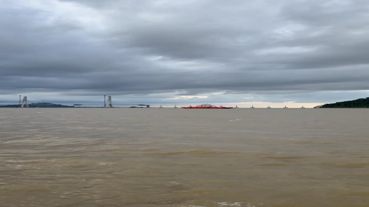 The ferry crosses the Batang Lupar river, connecting Sebuyau and Triso as part of the coastal road route often used as a shortcut between Kuching and areas like Sarikei or Sibu