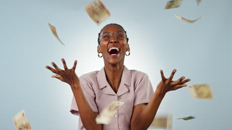 Money-rain,-winner-or-happy-black-woman-in-studio