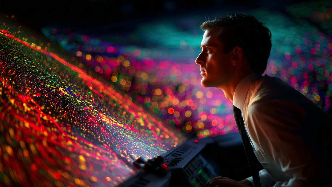 A thoughtful individual immersed in a vibrant, multi-colored data visualization, reflecting on the intricate light patterns as they interact with technology in a dynamic environment