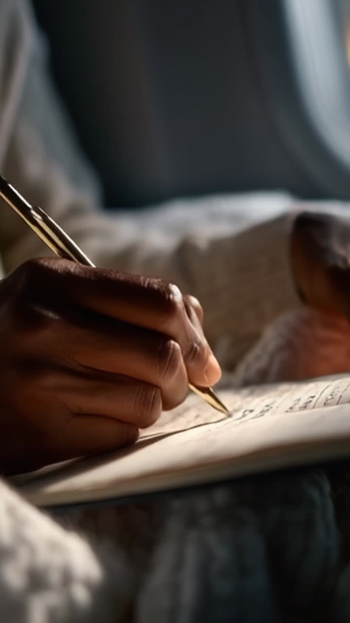 Capturing Thoughts: A Close-Up of Hands Writing in a Notebook with a Pen During a Soothing Journey, Emphasizing the Art of Expression Through Writing