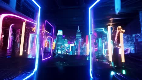 car speeds through a vibrant, neon lit city, showcasing a dynamic blend of futuristic architecture and urban energy