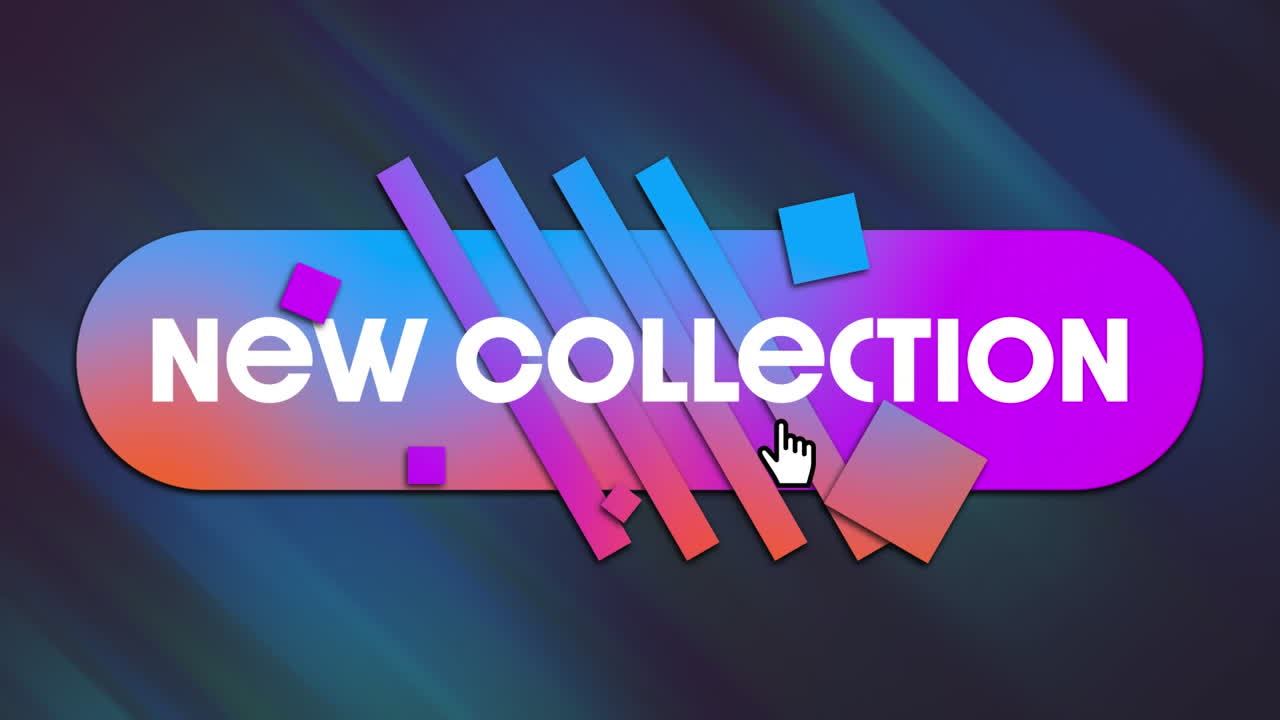 Animation of new collection text over purple and pink shapes