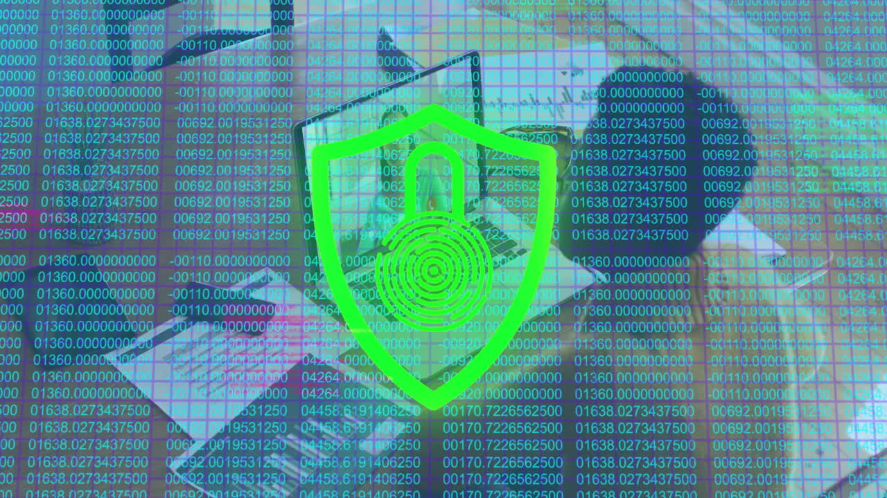 Animation of red padlock icon over digital data with people working at computers