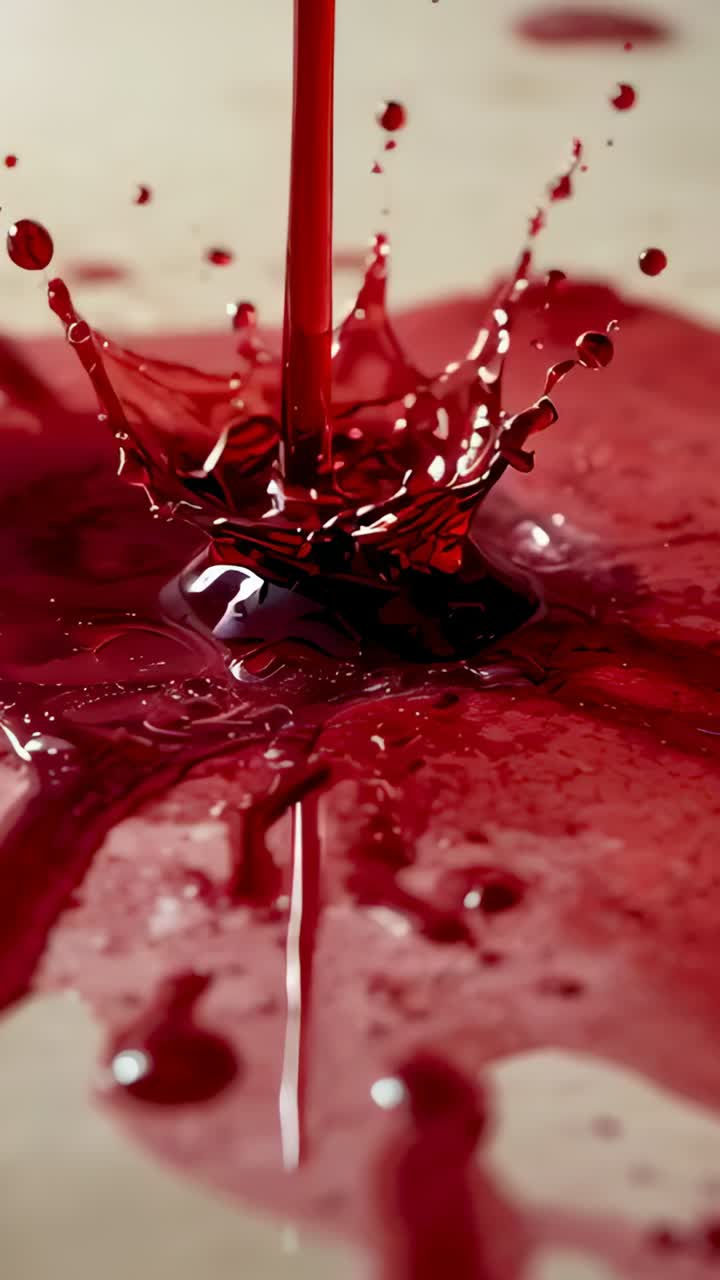 Vertical video: Pouring vertical stream starting red syrup making crown splash on tray with glints