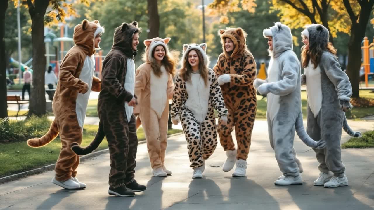 Grupo de mulheres vestidas com várias fantasias de animais estão alegremente ao ar livre em um parque, cercadas por árvores e equipamentos de playground, criando uma atmosfera animada e alegre.