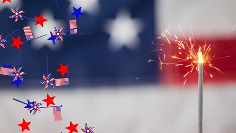 animation of stars, flags and sparkler over american flag