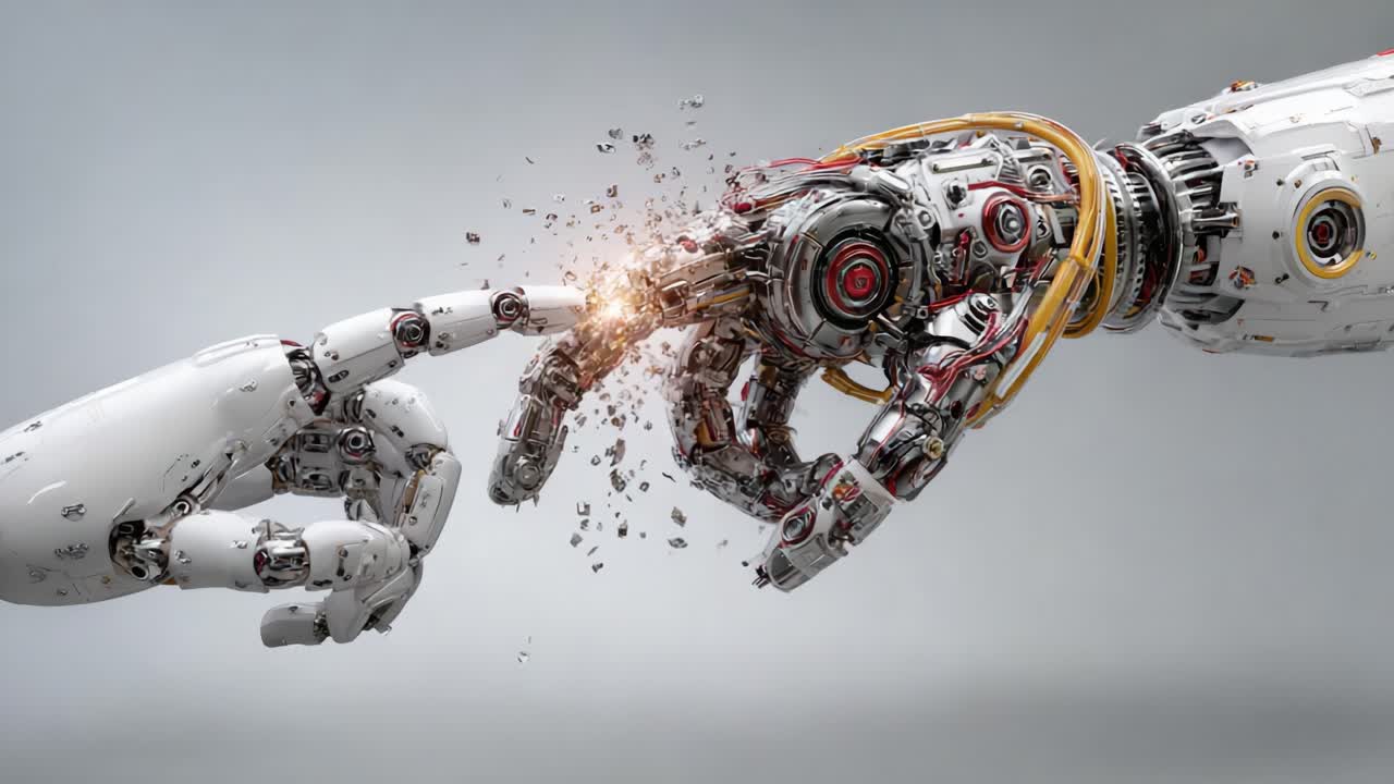 A Glimpse into the Fusion of Technology and Creation: Robotic Hands Engaging in a Monumental Moment of Connection and Innovation