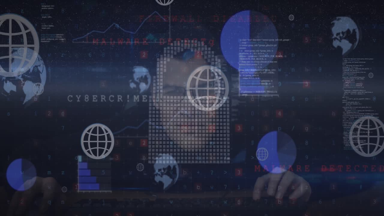 animación de procesamiento de datos y hacker masculino caucásico sobre fondo negro