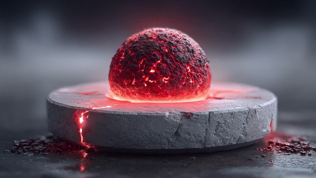 Una rappresentazione astratta di una sfera luminosa su una superficie in pietra con luce irradiante e variazioni di texture, che mostra un'estetica misteriosa e ultraterrena