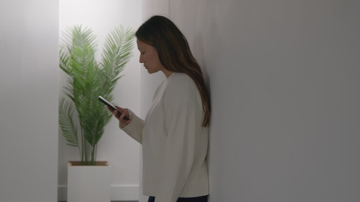 Donna stressata o ansiosa appoggiata al muro di casa, che reagisce a una notizia, un messaggio o una storia da internet o dai social media sul telefono cellulare.